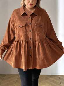 SHEIN CURVE+ Plus Size Stand Collar Color Block Button Dual Pockets Corduroy Ruffle Hem Dolly Casual Holiday Long Sleeve Blouse, Fall Top Clothes