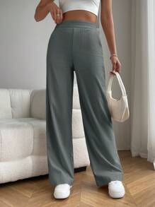 SHEIN EZwear Women's Solid Color Pocket Simple Casual Long Pants
