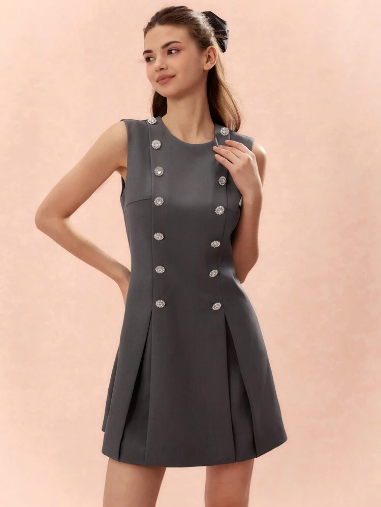 Autumn/Winter Romantic Women's Grey Sweetheart Elegant Sparkling Diamond Decor Sleeveless Princess Short Dress,For Halloween&Christmas Party