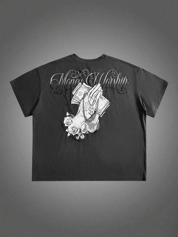 Manfinity VCAY Camiseta de manga corta con cuello redondo y estampado de letras para hombres de talla grande