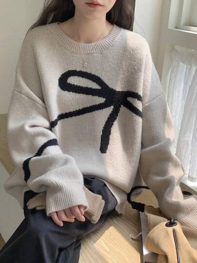 DAZY Women's Round Neck Loose Fit Bow Knitted Sweater,Long Sleeve Tops,Fall Clothes
