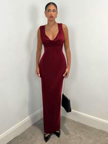 SHEIN BAE 夏季无袖简约优雅黑色纯色吊带露背连衣裙，修身款，适合女士