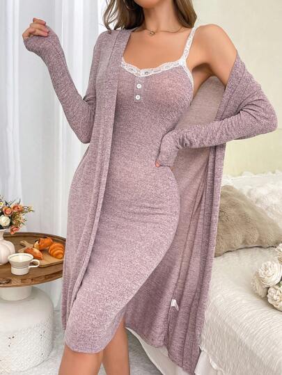 Ladies Elegante Contrast Kanten Cami Nightgown Robe Sleep Pajama Set, Lounge Fall Clothes Cozy