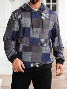 Manfinity Homme 大码男式格子印花连帽衫，带口袋，长袖运动衫 - 彩色 - 查看 1