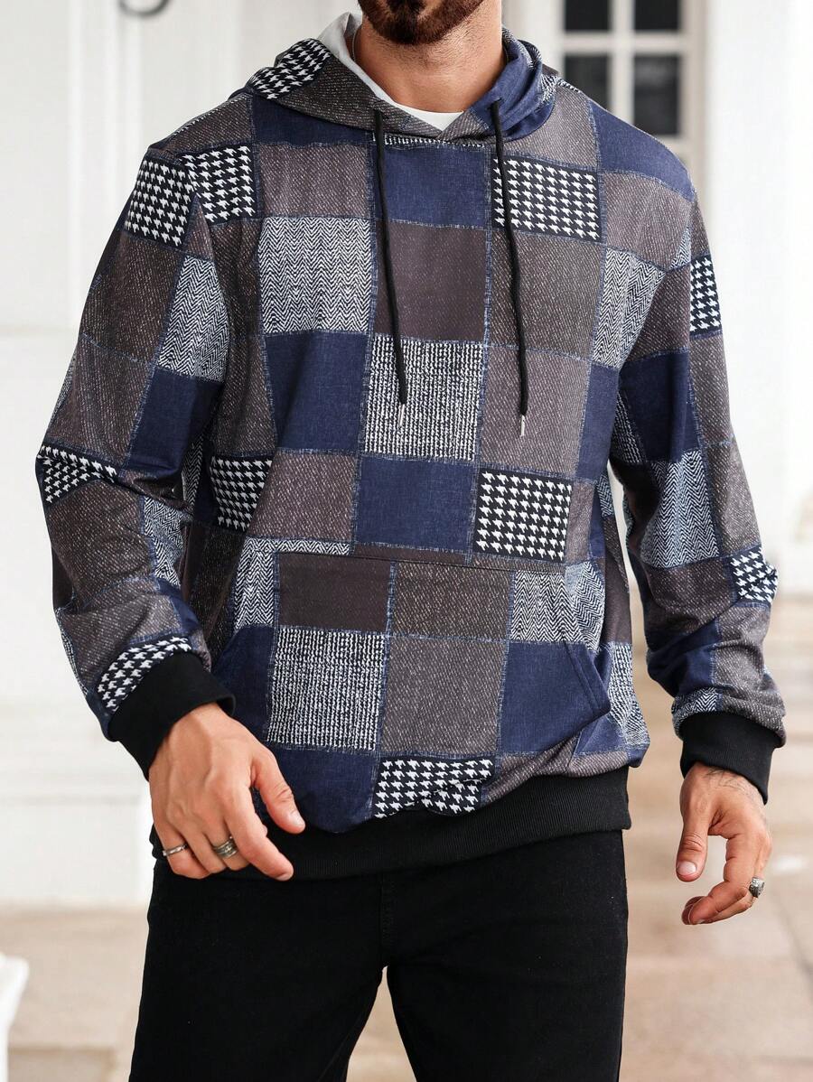 Manfinity Homme 大码男式格子印花连帽衫,带口袋,长袖运动衫 - 彩色 - 查看 1