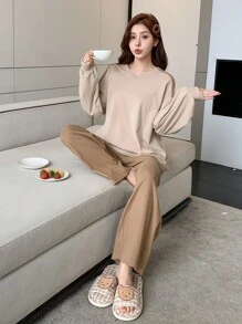 DAZY Minimalist Fleece Patchwork V-Neck Loose Loungewear Set Fall,Winter Pajama - Apricot - View 4