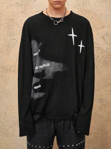 ROMWE MEN Grunge Punk Tricou cu mânecă lungă, cu gât crew, rupt, elegant, casual, confortabil, la modă
