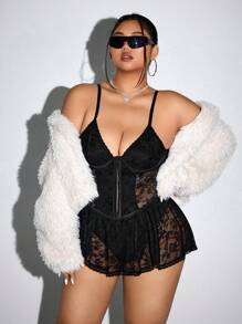 SHEIN ICON Vestido de encaje con parches, soporte incorporado y botones de metal para tallas grandes, para el verano