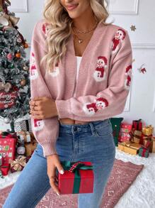 EMERY ROSE Christmas Snowman 3D Faux Fur Decor Oversized Casual Sweater Jacket, Reduces Age, Cozy Vibe, Autumn/Winter - Multicolor - View 1