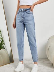 SHEIN Tall HIGH RISE MOM FIT LIGHT BLUE JEAN TALL - Medium Wash - View 5