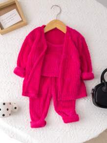 SHEIN 3 件套女婴服装：毛绒针织开衫、修身罗纹毛衣上衣和紧身裤，洋红色 - 玫紅色 - 查看 11