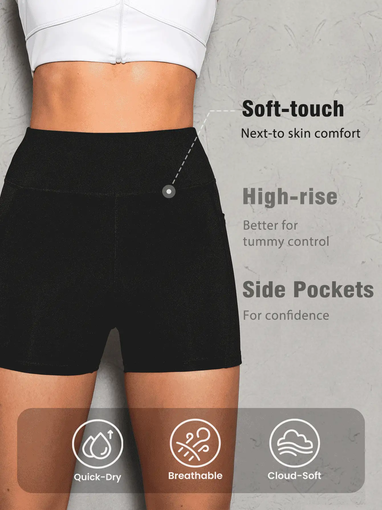 SHEIN Sports 纯色口袋简约运动短裤，休闲日常穿着氨纶短裤 - 黑色 - 查看 2