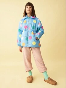 SHEIN 秋冬季 Tween 女童彩色波尔卡圆点立领口袋收腰休闲夹克 - 藍色 - 查看 1