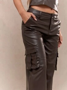 MISSGUIDED Faux Leather Wide Leg Cargo Pants Office Wear - Coffee Brown - View 4