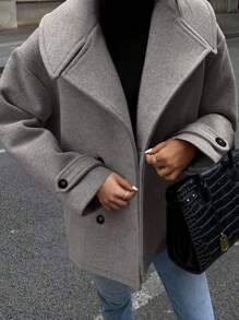 EMERY ROSE Women's Solid Color Double-Breasted Overcoat, Autumn & Winter Fall Cloth For Women - Dark Grey - View 1