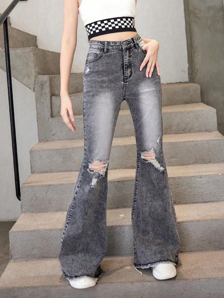 Teen Girl Ripped Raw Hem Flare Leg Jeans - Grey - View 1