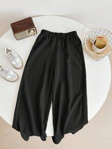 SHEIN LMoss Kids LMoss 少女纹理面料抽绳松紧腰宽松阔腿裤 - 黑色 - 查看 3