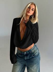 Aloruh Vintage Y2K Grunge Distressed Crop Collar Long Sleeve Shirt For Women