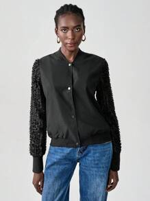 SHEIN Unity 女式欧根纱拼布袖夹克 - 黑色 - 查看 1