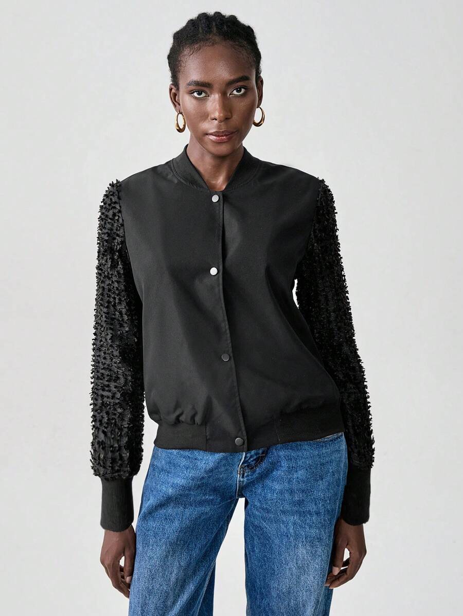 SHEIN Unity 女式欧根纱拼布袖夹克 - 黑色 - 查看 1