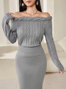 Modelyn Women's Off Shoulder Long Sleeve Solid Knit Sweater & Long Hem Knit Skirt 2 Pieces Set, Elegant And Slim-Fit, Fall 2 Pieces Set