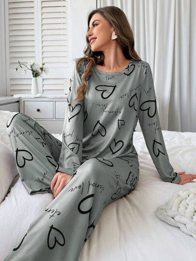 Heart Letter Print Women Round Neck Long Sleeve Top Pants Pajama Set, Fall Clothes