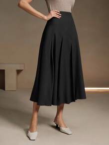 Anewsta Solid Color Asymmetrical Pleated Elegant Office Skirt For Women Maxi Women Outfit