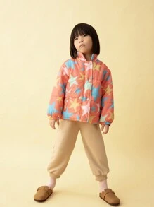 SHEIN Young Girl Star Print Long Sleeve Single-Breasted Casual Padded Coat, Winter - Orange - View 4