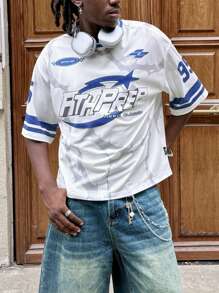 AXEPEAK Maglietta a maniche corte casual da uomo stile ampio, stile maglina, con stampa a lettere, ispirata allo streetwear estivo per la scuola