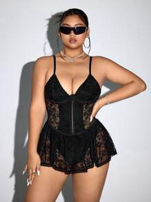 SHEIN ICON Vestido de encaje con parches, soporte incorporado y botones de metal para tallas grandes, para el verano