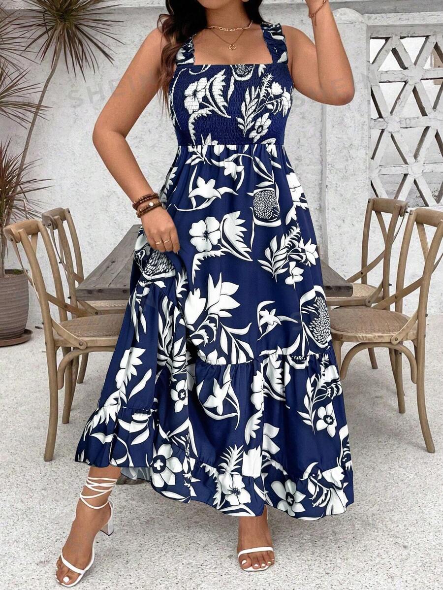Ceyna Rochie A-Line cu bretele spaghete cu tiv cu volante florale tinuta maxi pentru femei - Multicolor - Vizualizare 1