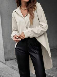 SHEIN Clasi Blusa de manga larga con diseño de lazo en la espalda, talla grande larga por detrás - Caqui - Ver 4