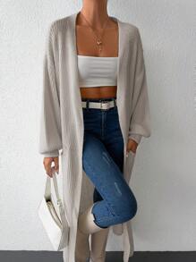 EURMUSE Cárdigan de manga larga oversized para mujer con bolsillos grandes, color liso - Albaricoque - Ver 3