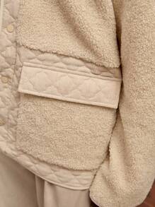 Mainfolk Men's Contrast Color Patchwork Loose Fleece Padded Coat,Corduroy & Shearling Multi-Pockets Jacket,Beige,Winter,Modest,Date Letter Logo Metal Buttons Flap Detail Coat - Apricot - View 4