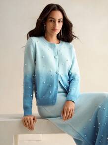 Anewsta 2pcs Autumn Winter Set - High-End Gradient Color Rhinestone Decorative Sweater & Knit Midi Skirt - Blue - View 4