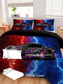 3pcs Racing Car Design Bedding Set, Comfortable Bed Linen, 1 Duvet Cover + 2 Pillowcases, Made Of Skin-Friendly 100% Polyester Fiber & Polyester Fabric, No Filling, Suitable For All Seasons, Bedroom And Dorm Use, Travel - Multicolor - View 8