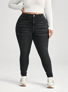 SHEIN CURVE+ 黑色加大码牛仔裤 紧身弹力长裤 经典百搭