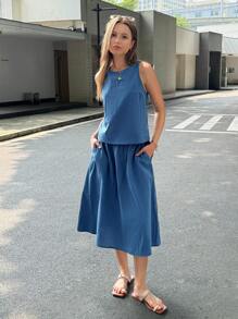 INAWLY 两件套女士夏季纯色圆领吊带背心和宽松半裙套装 - 藍色 - 查看 2