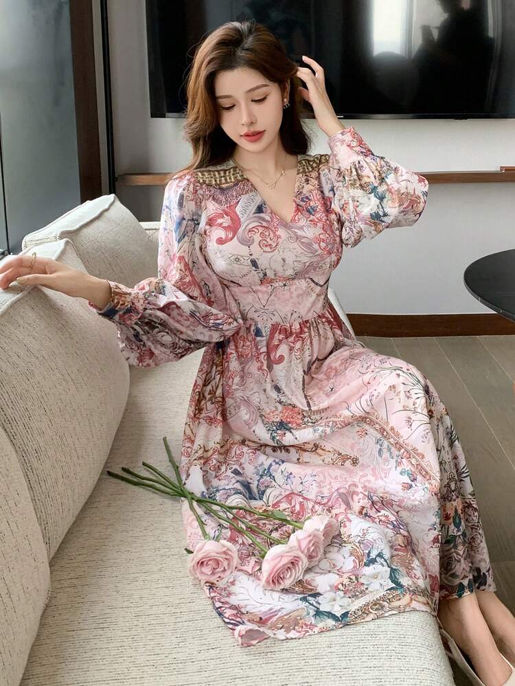 V-Neck All-Over Floral Women Lantern Sleeve Elegant Mid-Length Dress,Ruffle,Fall Clothes Long Sleeve Dress Maxi Dress Boho