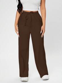 SHEIN PETITE Quần nỉ mùa xuân có túi xéo có dây rút ở eo - màu nâu - Xem 3