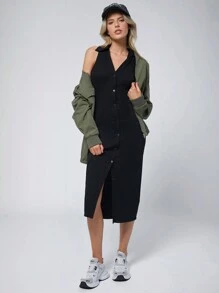 SHEIN EZwear Women's Black Polo Collar Button Front Sleeveless Midi Bodycon Dress
