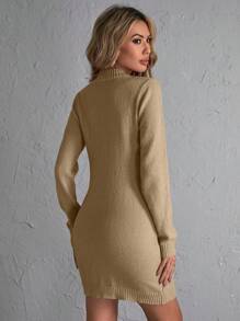 SHEIN Clasi 女士仿珍珠装饰圆领长袖休闲短款毛衣连衣裙 - 卡其色 - 查看 2