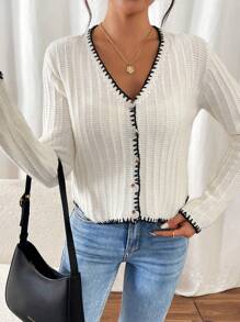 SHEIN Frenchy Áo khoác cardigan nữ tay dài, phối màu nổi bật, cài cúc phía trước, kiểu dáng cơ bản, thích hợp cho mùa Thu, Lễ Tạ ơn và mùa Đông. - Đen và trắng - Xem 5