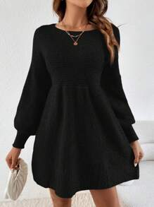 SHEIN Frenchy Casual Solid Color Lantern Sleeve Sweater Dress For Autumn/Winter Black - Black - View 5