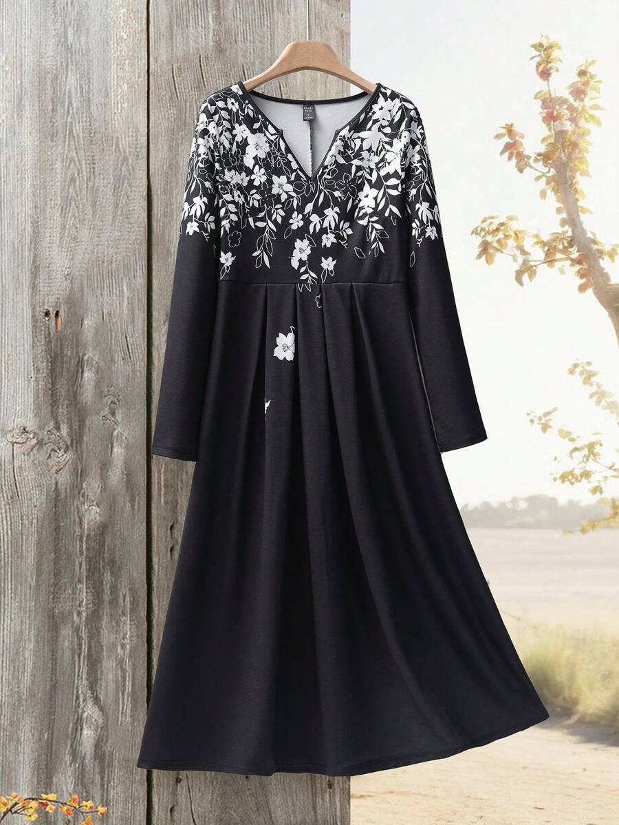 EMERY ROSE 长款秋季连衣裙 黑色长袖连衣裙 优雅女士连衣裙 办公室连衣裙 秋季服装 女士 女式中长连衣裙 - 黑與白 - 查看 1