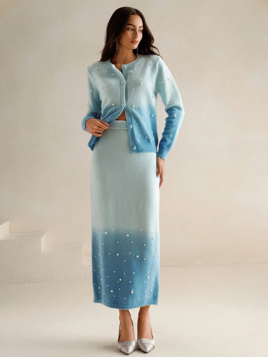 Anewsta 2pcs Autumn Winter Set - High-End Gradient Color Rhinestone Decorative Sweater & Knit Midi Skirt - Blue - View 1