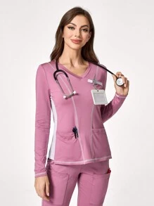 TaskEZ Contrast Color V-Neck Long Sleeve Top And Pocket Pants Casual Uniform Scrub Set