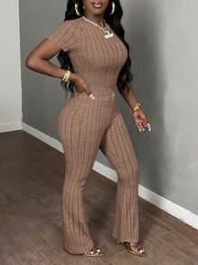 Slaydiva Bộ 2 áo thun tay ngắn bó sát có gân mùa hè và quần ống loe - Màu Khaki - Xem 3