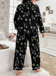 CottageSlumber Plus Size Floral Print Button Front Collared Top & Pants Sleepwear Set, Cozy And Elegant Details, Fall Winter Clothes - Black - View 2