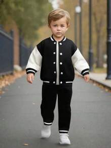 SHEIN Bộ 2 món/Bộ quần áo thể thao dài tay cổ bẻ rộng rãi phong cách Varsity cho bé trai, thiết kế khối màu đen và trắng, bo chun ở cổ tay và cạp quần tạo sự thoải mái - màu đen - Xem 8